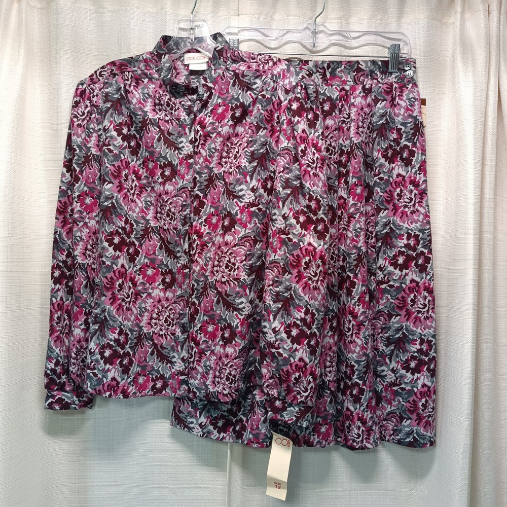 Vtg Cos Cob Pink Floral Skirt Set 2 Piece Blouse Midi‎ Skirt 12/14 USA NWT 80s